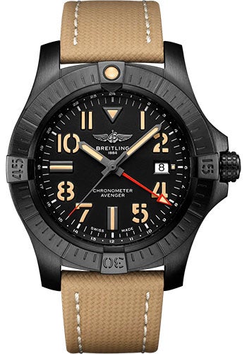 Breitling Avenger Automatic GMT 45 Night Mission Watch - DLC-Coated Titanium - Black Dial - Sand Calfskin Leather Strap - Tang Buckle - V32395101B1X1 - Luxury Time NYC