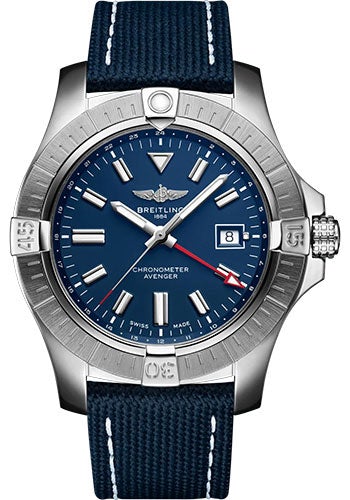 Breitling Avenger Automatic GMT 45 Watch - Stainless Steel - Blue Dial - Blue Calfskin Leather Strap - Tang Buckle - A32395101C1X1 - Luxury Time NYC