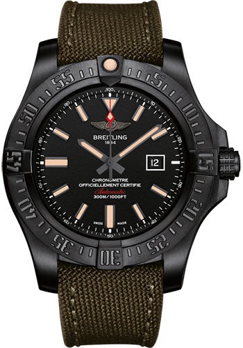 Breitling Avenger Blackbird Watch - Black Titanium - Volcano Black Dial - Khaki Green Military Strap - Tang Buckle - V1731010/BD12/105W/M20BASA.1 - Luxury Time NYC