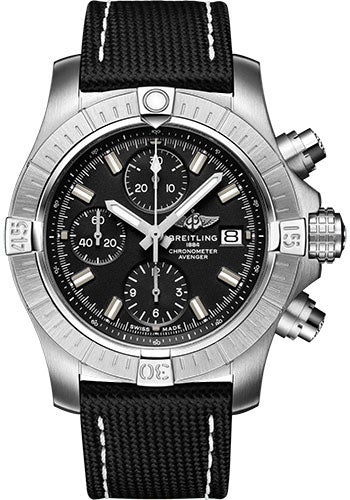 Breitling Avenger Chronograph 43 Watch - Stainless Steel - Black Dial - Anthracite Calfskin Leather Strap - Tang Buckle - A13385101B1X1 - Luxury Time NYC