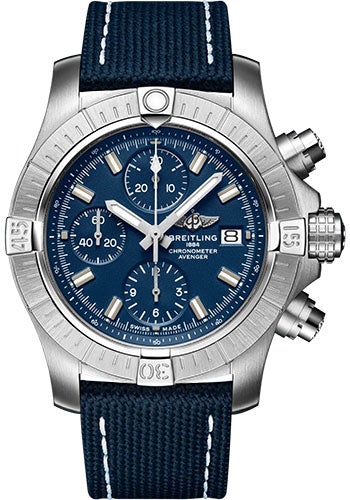 Breitling Avenger Chronograph 43 Watch - Stainless Steel - Blue Dial - Blue Calfskin Leather Strap - Tang Buckle - A13385101C1X1 - Luxury Time NYC
