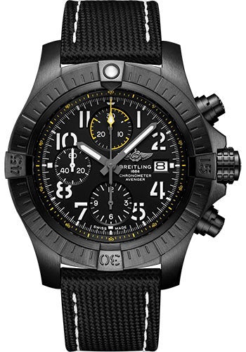Breitling Avenger Chronograph 45 Night Mission Watch - DLC-Coated Titanium - Black Dial - Anthracite Calfskin Leather Strap - Folding Buckle - V13317101B1X2 - Luxury Time NYC