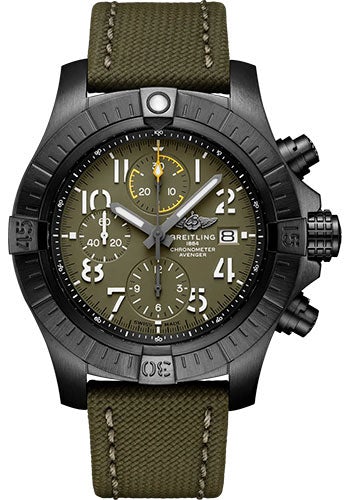 Breitling Avenger Chronograph 45 Night Mission Watch - DLC-Coated Titanium - Green Dial - Khaki Green Calfskin Leather Strap - Folding Buckle - V13317101L1X2 - Luxury Time NYC