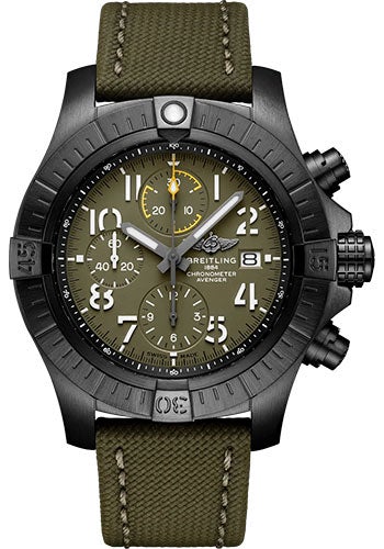 Breitling Avenger Chronograph 45 Night Mission Watch - DLC-Coated Titanium - Green Dial - Khaki Green Calfskin Leather Strap - Tang Buckle - V13317101L1X1 - Luxury Time NYC