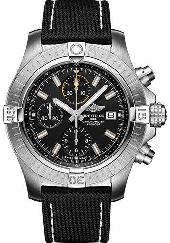 Breitling Avenger Chronograph 45 Watch - Stainless Steel - Black Dial - Anthracite Calfskin Leather Strap - Folding Buckle - A13317101B1X2 - Luxury Time NYC