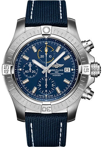 Breitling Avenger Chronograph 45 Watch - Stainless Steel - Blue Dial - Blue Calfskin Leather Strap - Tang Buckle - A13317101C1X1 - Luxury Time NYC
