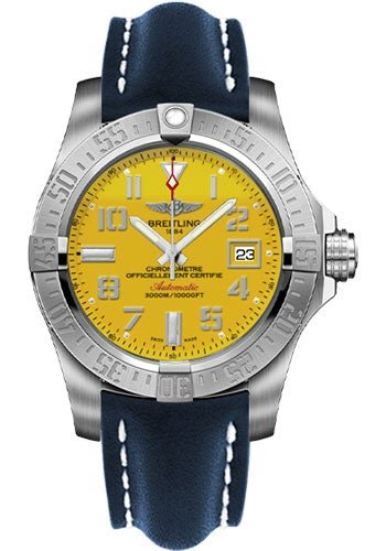 Breitling Avenger II Seawolf Watch - 45mm Steel Case - Cobra Yellow Dial - Blue Leather Strap - A1733110/I519/105X/A20BASA.1 - Luxury Time NYC