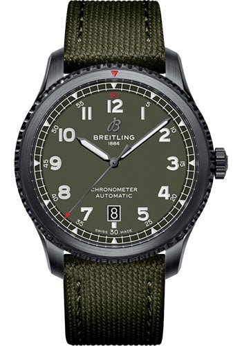 Breitling Aviator 8 Automatic 41 Black Steel Curtiss Warhawk Watch - Black steel - Green Dial - Green Kaki Leather Strap - Tang Buckle - M173152A1L1X1 - Luxury Time NYC