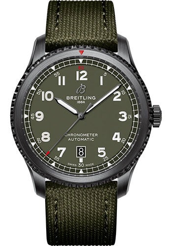 Breitling Aviator 8 Automatic 41 Black Steel Curtiss Warhawk Watch - DLC-Coated Stainless Steel - Green Dial - Khaki Green Calfskin Leather Strap - Folding Buckle - M173152A1L1X2 - Luxury Time NYC