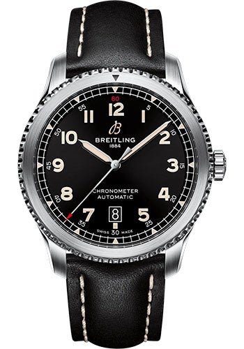 Breitling Aviator 8 Automatic 41 Watch - Stainless Steel - Black Dial - Black Calfskin Leather Strap - Folding Buckle - A17315101B1X2 - Luxury Time NYC