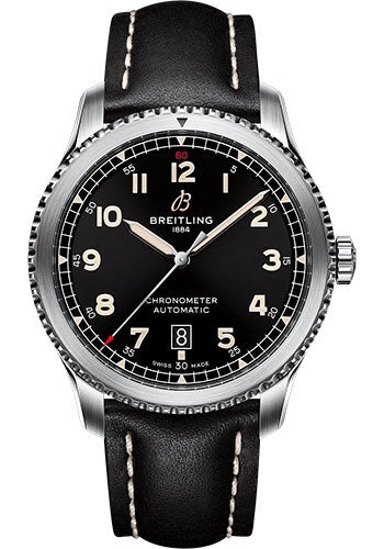 Breitling Aviator 8 Automatic 41 Watch - Stainless Steel - Black Dial - Black Calfskin Leather Strap - Tang Buckle - A17315101B1X1 - Luxury Time NYC