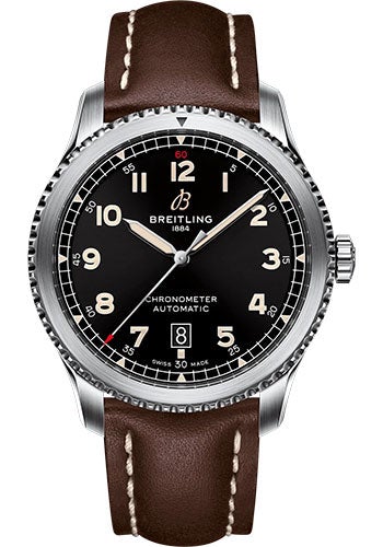 Breitling Aviator 8 Automatic 41 Watch - Stainless Steel - Black Dial - Brown Calfskin Leather Strap - Folding Buckle - A17315101B1X4 - Luxury Time NYC
