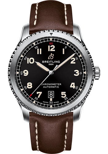 Breitling Aviator 8 Automatic 41 Watch - Stainless Steel - Black Dial - Brown Calfskin Leather Strap - Tang Buckle - A17315101B1X3 - Luxury Time NYC
