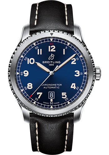 Breitling Aviator 8 Automatic 41 Watch - Stainless Steel - Blue Dial - Black Calfskin Leather Strap - Folding Buckle - A17315101C1X4 - Luxury Time NYC