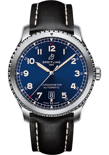Breitling Aviator 8 Automatic 41 Watch - Stainless Steel - Blue Dial - Black Calfskin Leather Strap - Tang Buckle - A17315101C1X2 - Luxury Time NYC