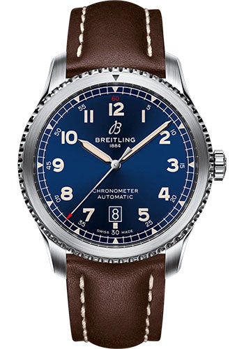 Breitling Aviator 8 Automatic 41 Watch - Stainless Steel - Blue Dial - Brown Calfskin Leather Strap - Folding Buckle - A17315101C1X3 - Luxury Time NYC