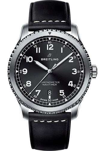 Breitling Aviator 8 Automatic 41 Watch - Steel Case - Black Dial - Black Leather Strap - A17314101B1X1 - Luxury Time NYC
