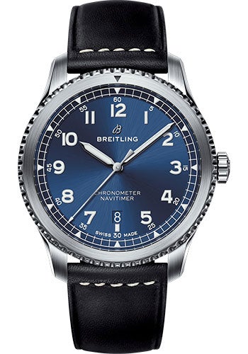 Breitling Aviator 8 Automatic 41 Watch - Steel Case - Blue Dial - Black Leather Strap - A17314101C1X2 - Luxury Time NYC