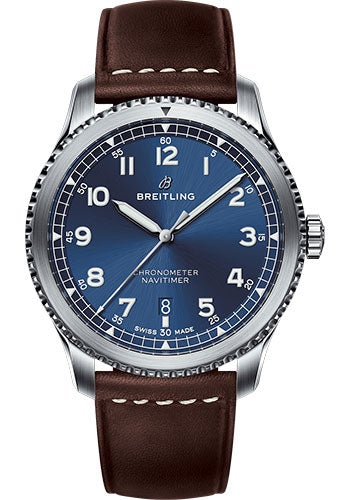 Breitling Aviator 8 Automatic 41 Watch - Steel Case - Blue Dial - Brown Leather Strap - A17314101C1X1 - Luxury Time NYC