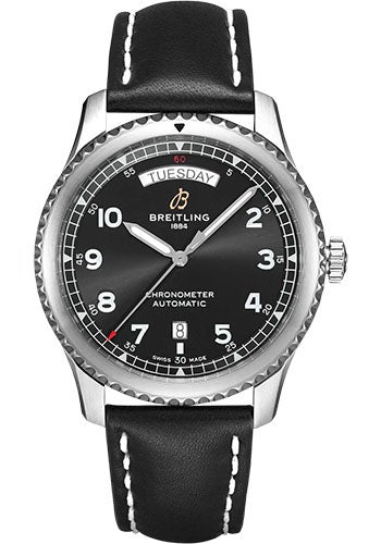 Breitling Aviator 8 Automatic Day & Date 41 Watch - Stainless Steel - Black Dial - Black Calfskin Leather Strap - Folding Buckle - A45330101B1X2 - Luxury Time NYC