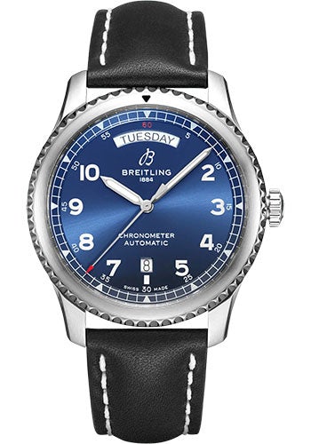 Breitling Aviator 8 Automatic Day & Date 41 Watch - Stainless Steel - Blue Dial - Black Calfskin Leather Strap - Folding Buckle - A45330101C1X4 - Luxury Time NYC