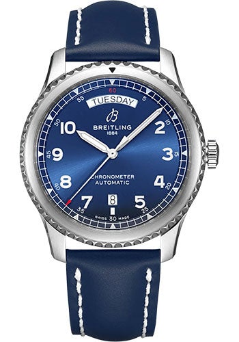 Breitling Aviator 8 Automatic Day & Date 41 Watch - Stainless Steel - Blue Dial - Blue Calfskin Leather Strap - Folding Buckle - A45330101C1X5 - Luxury Time NYC