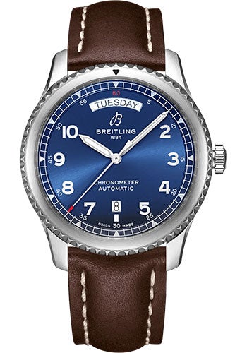 Breitling Aviator 8 Automatic Day & Date 41 Watch - Stainless Steel - Blue Dial - Brown Calfskin Leather Strap - Folding Buckle - A45330101C1X6 - Luxury Time NYC