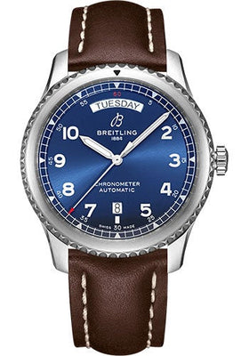 Breitling Aviator 8 Automatic Day & Date 41 Watch - Stainless Steel - Blue Dial - Brown Calfskin Leather Strap - Folding Buckle - A45330101C1X6 - Luxury Time NYC
