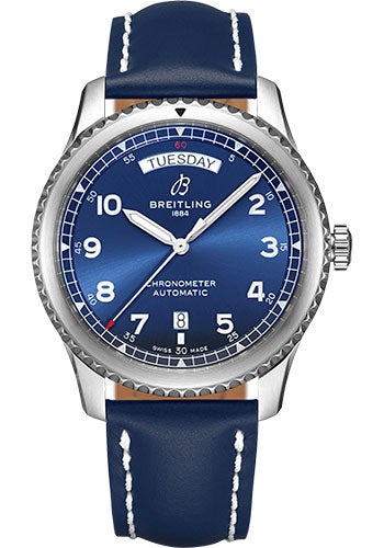 Breitling Aviator 8 Automatic Day & Date 41 Watch - Steel - Blue Dial - Blue Leather Strap - Tang Buckle - A45330101C1X3 - Luxury Time NYC