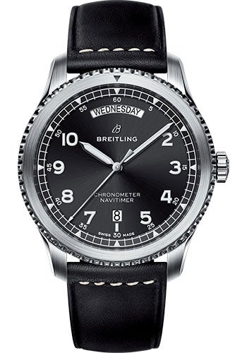 Breitling Aviator 8 Automatic Day & Date 41 Watch - Steel Case - Black Dial - Black Leather Strap - A45330101B1X1 - Luxury Time NYC