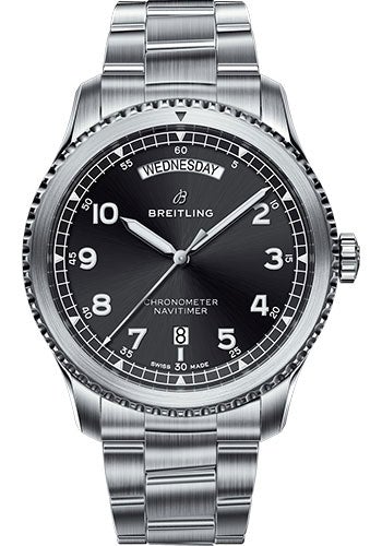 Breitling Aviator 8 Automatic Day & Date 41 Watch - Steel Case - Black Dial - Steel Professional III Bracelet - A45330101B1A1 - Luxury Time NYC