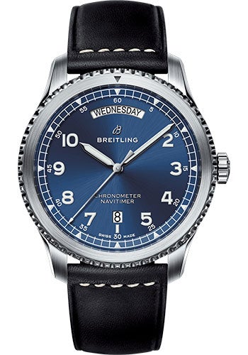 Breitling Aviator 8 Automatic Day & Date 41 Watch - Steel Case - Blue Dial - Black Leather Strap - A45330101C1X1 - Luxury Time NYC