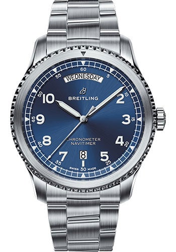 Breitling Aviator 8 Automatic Day & Date 41 Watch - Steel Case - Blue Dial - Steel Professional III Bracelet - A45330101C1A1 - Luxury Time NYC