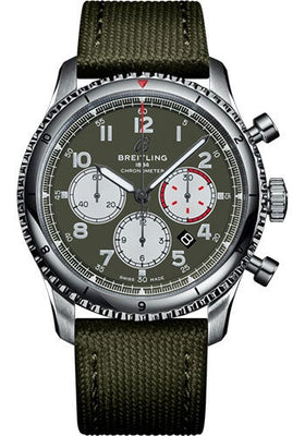 Breitling Aviator 8 B01 Chronograph 43 Curtiss Warhawk Watch - Steel - Green Dial - Khaki Green Military Strap - Folding Buckle - AB01192A1L1X2 - Luxury Time NYC