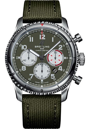 Breitling Aviator 8 B01 Chronograph 43 Curtiss Warhawk Watch - Steel - Green Dial - Khaki Green Military Strap - Tang Buckle - AB01192A1L1X1 - Luxury Time NYC