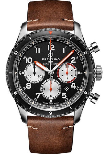 Breitling Aviator 8 B01 Chronograph 43 Mosquito Watch - Stainless Steel - Black Dial - Brown Calfskin Leather Strap - Folding Buckle - AB01194A1B1X2 - Luxury Time NYC