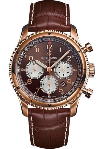 Breitling Aviator 8 B01 Chronograph 43 Watch - 18K Red Gold - Bronze Dial - Brown Alligator Leather Strap - Tang Buckle - RB0119131Q1P1 - Luxury Time NYC