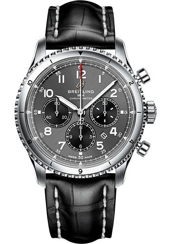 Breitling Aviator 8 B01 Chronograph 43 Watch - Stainless Steel - Anthracite Dial - Black Alligator Leather Strap - Folding Buckle - AB0119131B1P2 - Luxury Time NYC