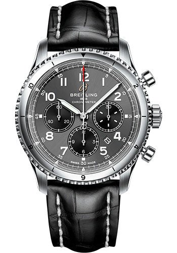 Breitling Aviator 8 B01 Chronograph 43 Watch - Stainless Steel - Anthracite Dial - Black Alligator Leather Strap - Tang Buckle - AB0119131B1P1 - Luxury Time NYC