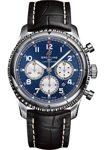 Breitling Aviator 8 B01 Chronograph 43 Watch - Stainless Steel - Blue Dial - Black Alligator Leather Strap - Folding Buckle - AB0119131C1P3 - Luxury Time NYC
