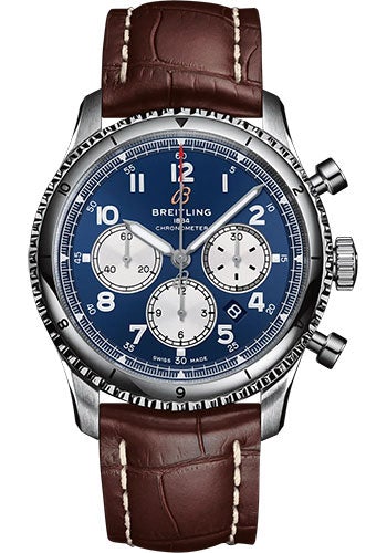 Breitling Aviator 8 B01 Chronograph 43 Watch - Stainless Steel - Blue Dial - Brown Alligator Leather Strap - Folding Buckle - AB0119131C1P4 - Luxury Time NYC