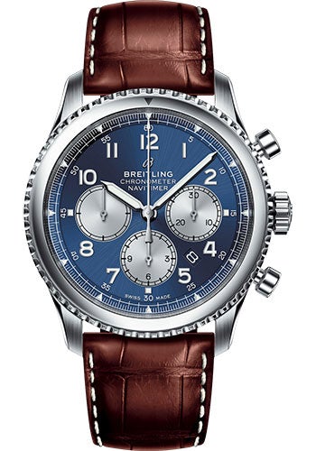Breitling Aviator 8 B01 Chronograph 43 Watch - Steel Case - Blue Dial - Brown Croco Strap - AB0117131C1P2 - Luxury Time NYC