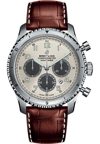 Breitling Aviator 8 B01 Chronograph 43 Watch - Steel Case - Silver Dial - Brown Croco Strap - AB01171A1G1P1 - Luxury Time NYC