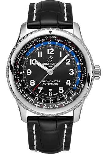 Breitling Aviator 8 B35 Automatic Unitime 43 Watch - Stainless Steel - Black Dial - Black Alligator Leather Strap - Folding Buckle - AB3521U41B1P2 - Luxury Time NYC