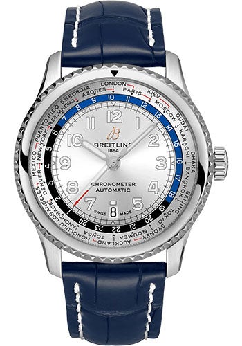 Breitling Aviator 8 B35 Automatic Unitime 43 Watch - Stainless Steel - Silver Dial - Blue Alligator Leather Strap - Folding Buckle - AB3521U01G1P4 - Luxury Time NYC
