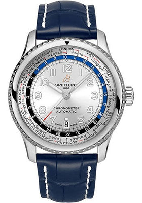 Breitling Aviator 8 B35 Automatic Unitime 43 Watch - Stainless Steel - Silver Dial - Blue Alligator Leather Strap - Folding Buckle - AB3521U01G1P4 - Luxury Time NYC