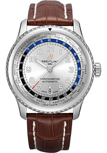 Breitling Aviator 8 B35 Automatic Unitime 43 Watch - Stainless Steel - Silver Dial - Brown Alligator Leather Strap - Folding Buckle - AB3521U01G1P3 - Luxury Time NYC