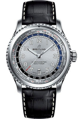 Breitling Aviator 8 B35 Automatic Unitime 43 Watch - Steel Case - Mercury Silver Dial - Black Croco Strap - AB3521U01G1P2 - Luxury Time NYC