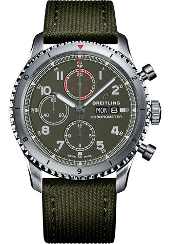 Breitling Aviator 8 Chronograph 43 Curtiss Warhawk Watch - Steel - Green Dial - Khaki Green Military Strap - Tang Buckle - A133161A1L1X1 - Luxury Time NYC