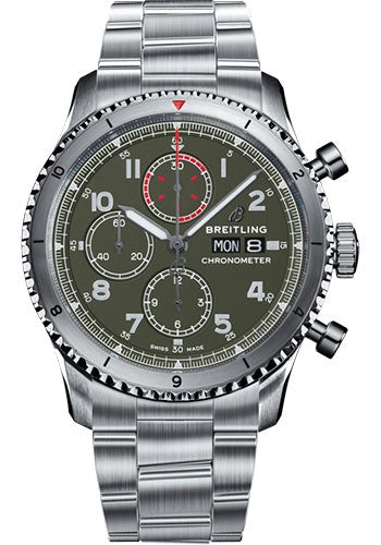 Breitling Aviator 8 Chronograph 43 Curtiss Warhawk Watch - Steel - Green Dial - Steel Bracelet - A133161A1L1A1 - Luxury Time NYC